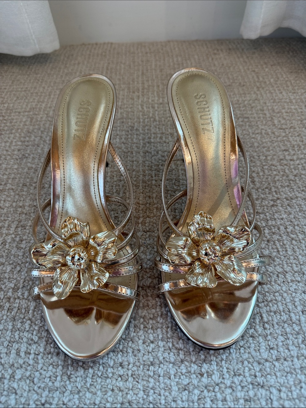 SCHUTZ Metallic Gold Floral Slide Heels -NWT Size 9.5